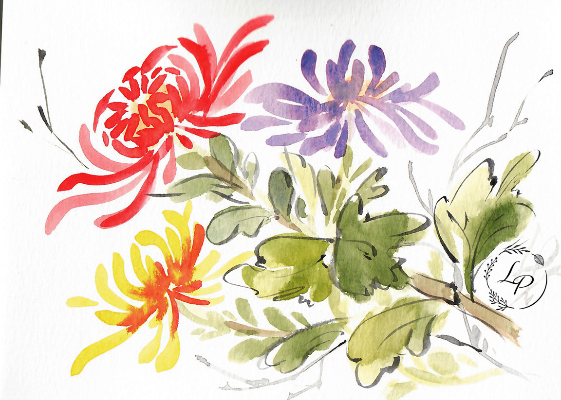 "Oriental Mums" in Watercolor