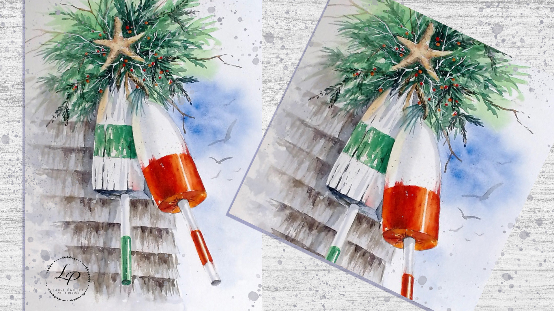 red and green holiday nautical buoys with pine branches by Laure Paillex