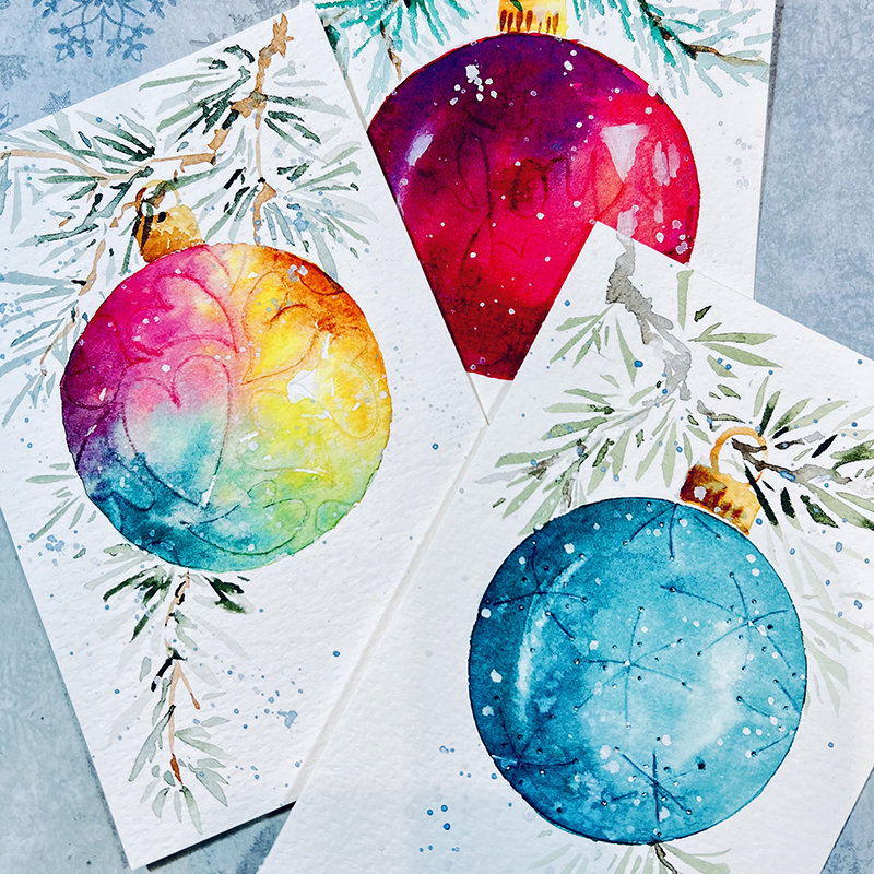 "Holiday Ornaments Greetings" in Watercolor
