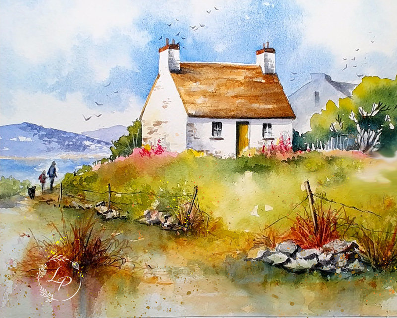 "Irish Spring" Cottage Landscape in Watercolor