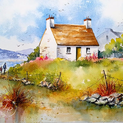 "Irish Spring" Cottage Landscape in Watercolor